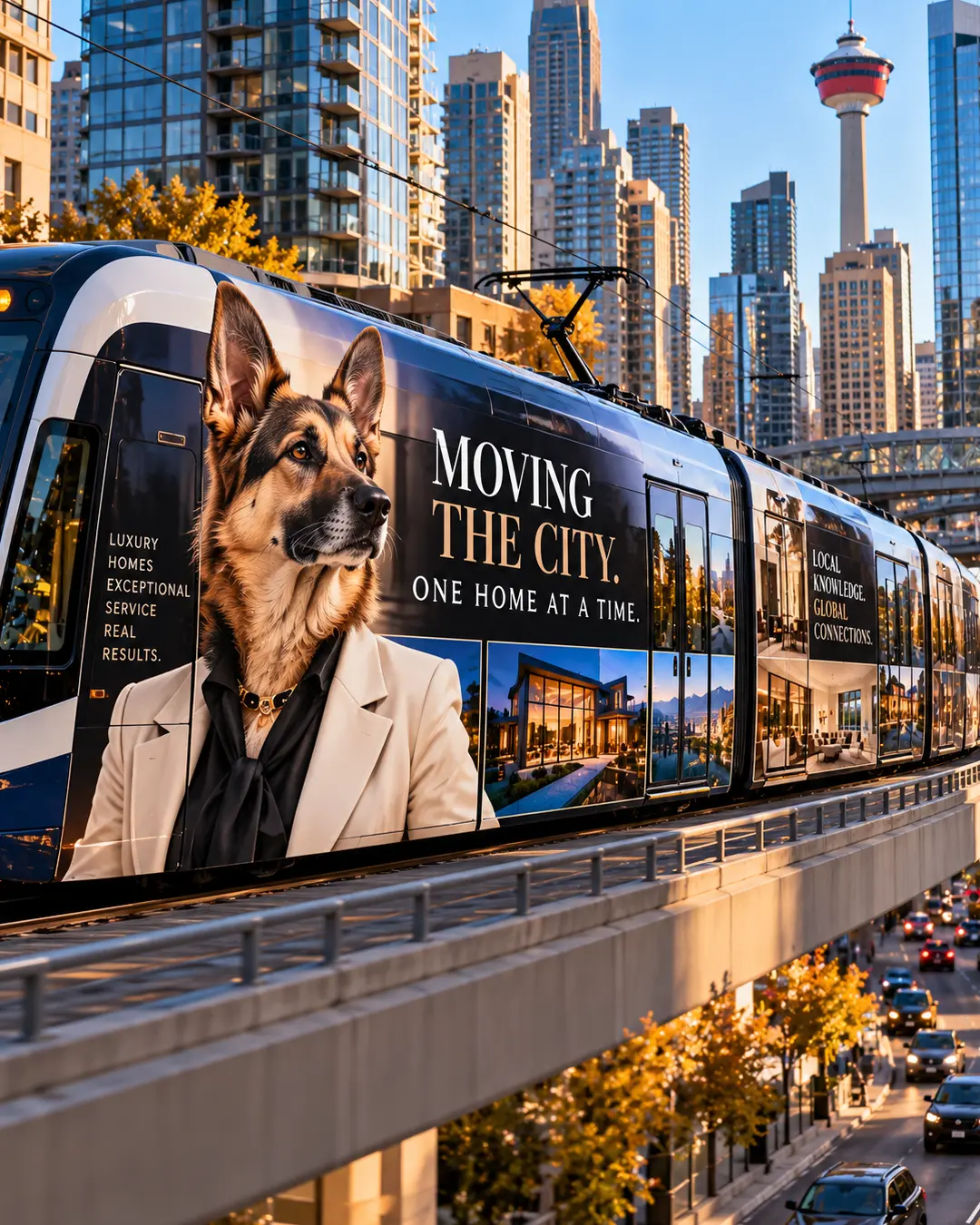 A Calgary CTrain features a German Shepherd realtor in a cream suit, advertising luxury homes with the slogan “Moving the City. One Home at a Time.”