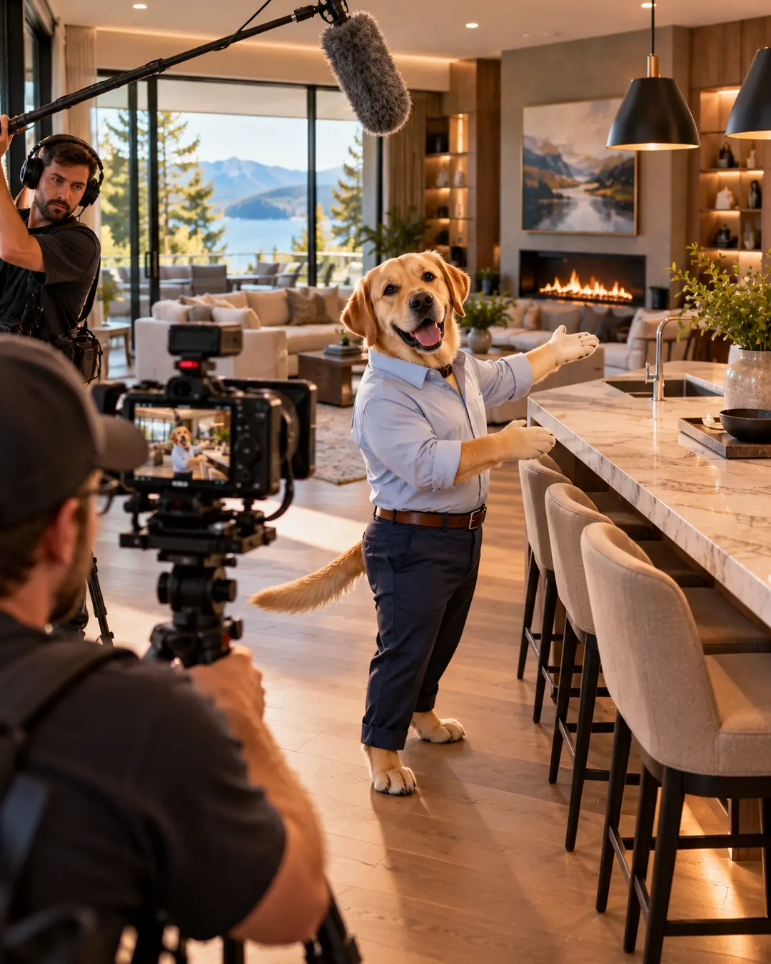 A Golden Retriever realtor in a blue shirt films a luxury home tour, presenting an elegant kitchen and living room as the camera crew records.