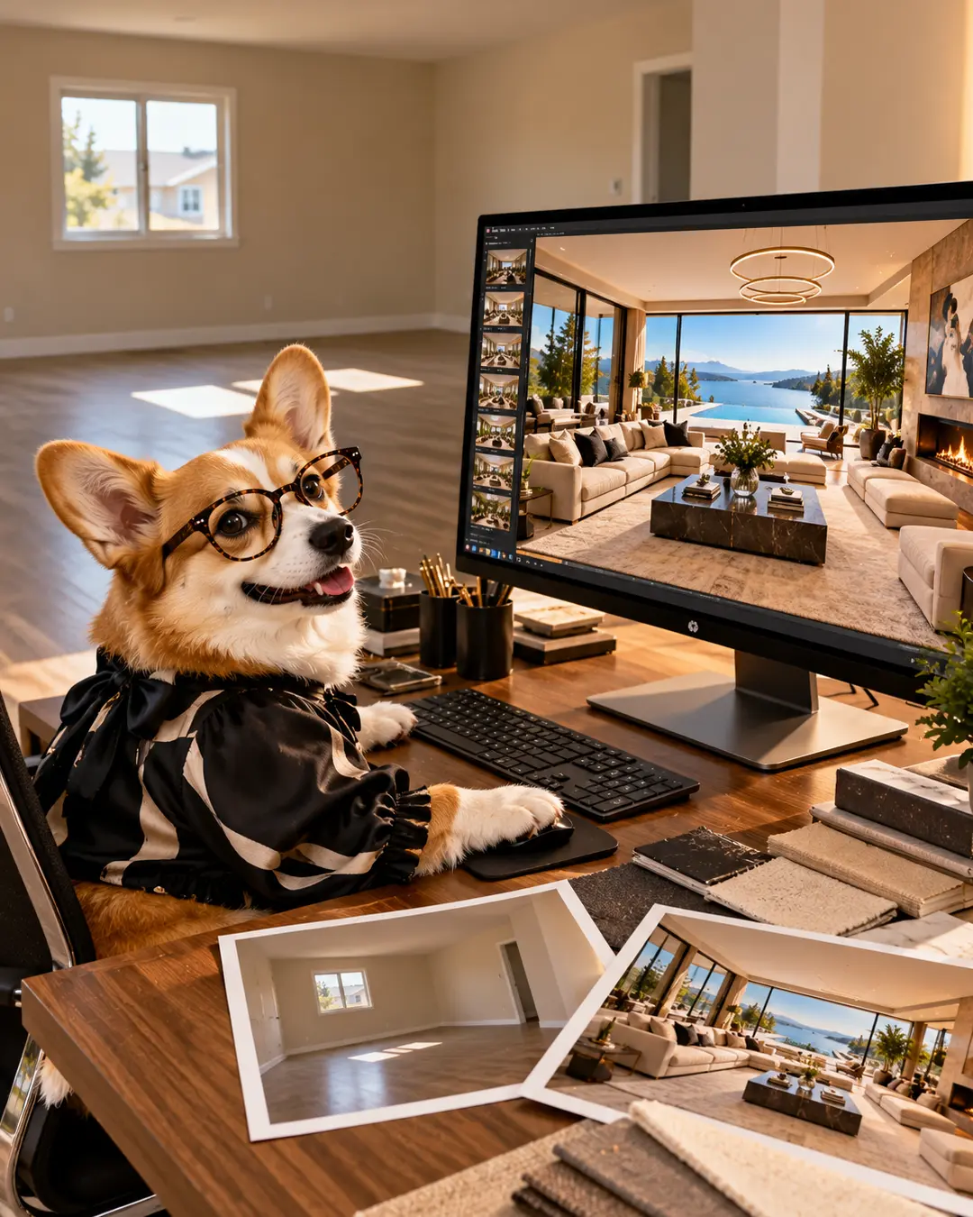 A Corgi in glasses works on virtual home staging, transforming an empty room into a luxurious waterfront living space on her computer.