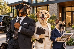 A sophisticated Rottweiler, Golden Retriever and French Bulldog real estate team poses outside a luxurious modern mansion, dressed for success.