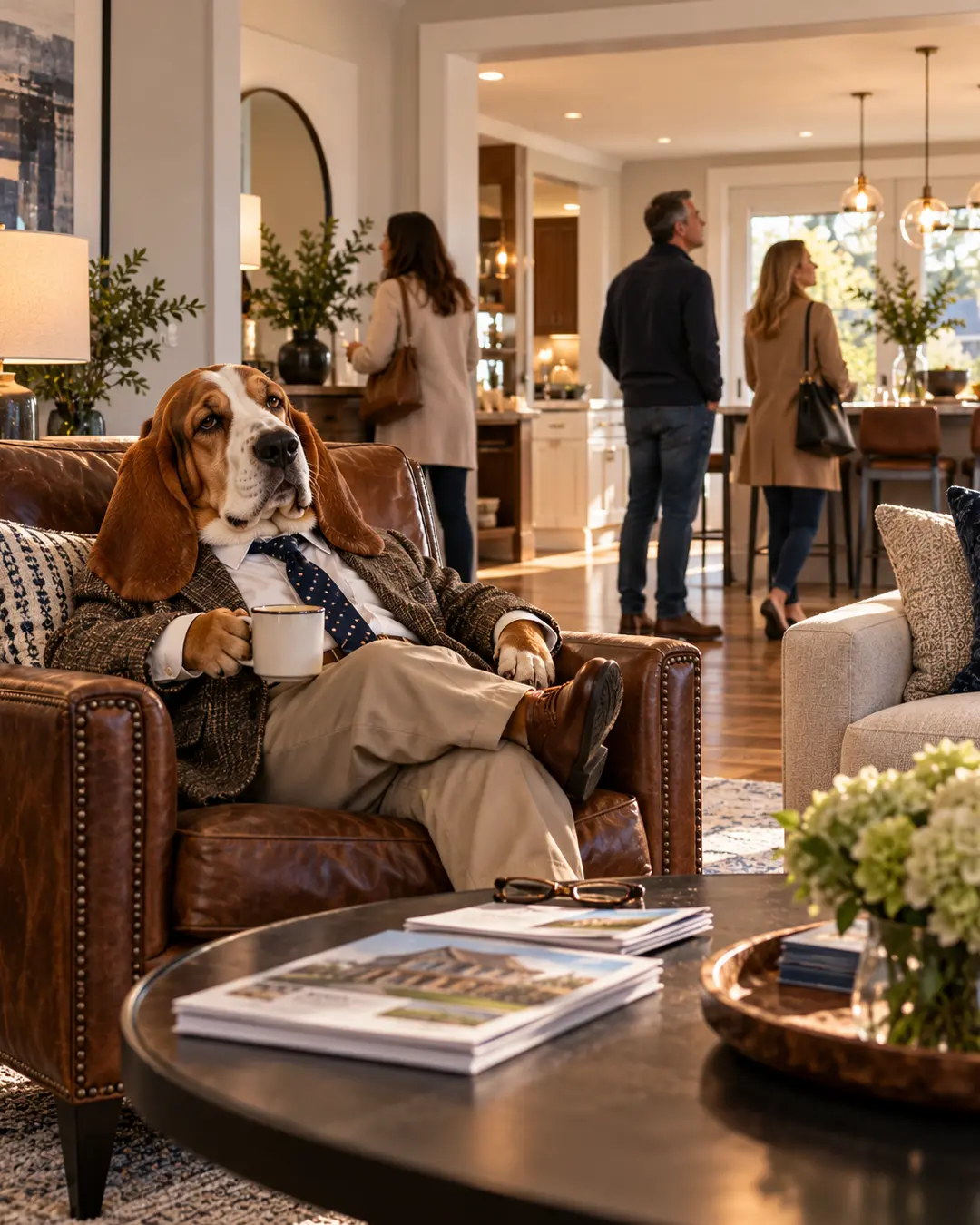 A relaxed Basset Hound real estate agent lounges in a leather armchair with coffee while prospective buyers explore a beautifully staged home.