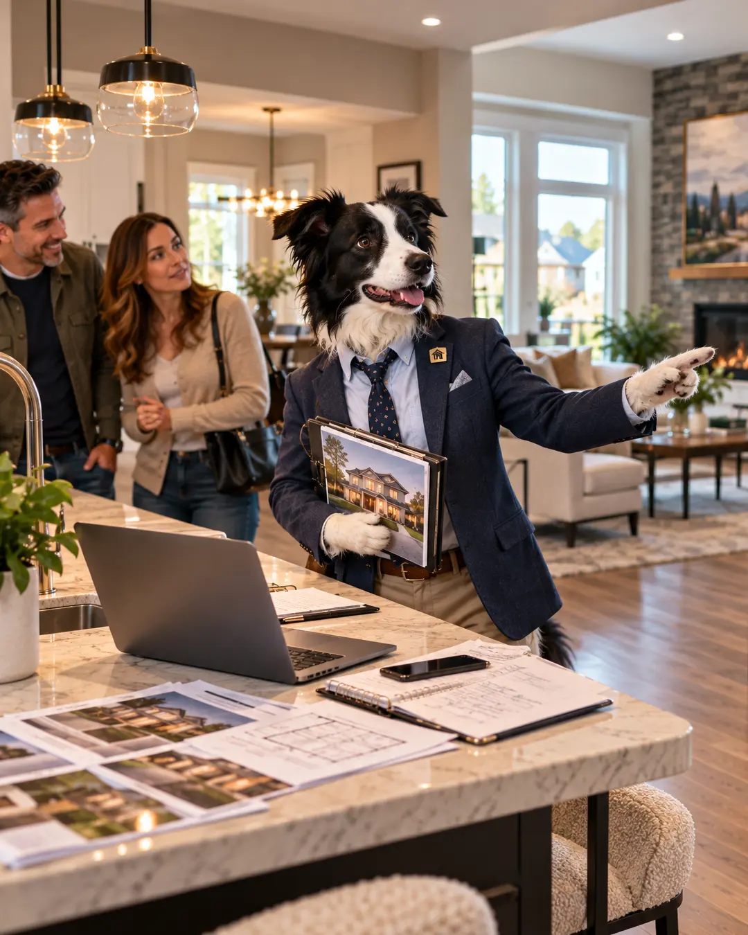 A charming Border Collie real estate agent in a tailored suit shows a delighted couple around a beautiful modern home, presenting its luxurious features.