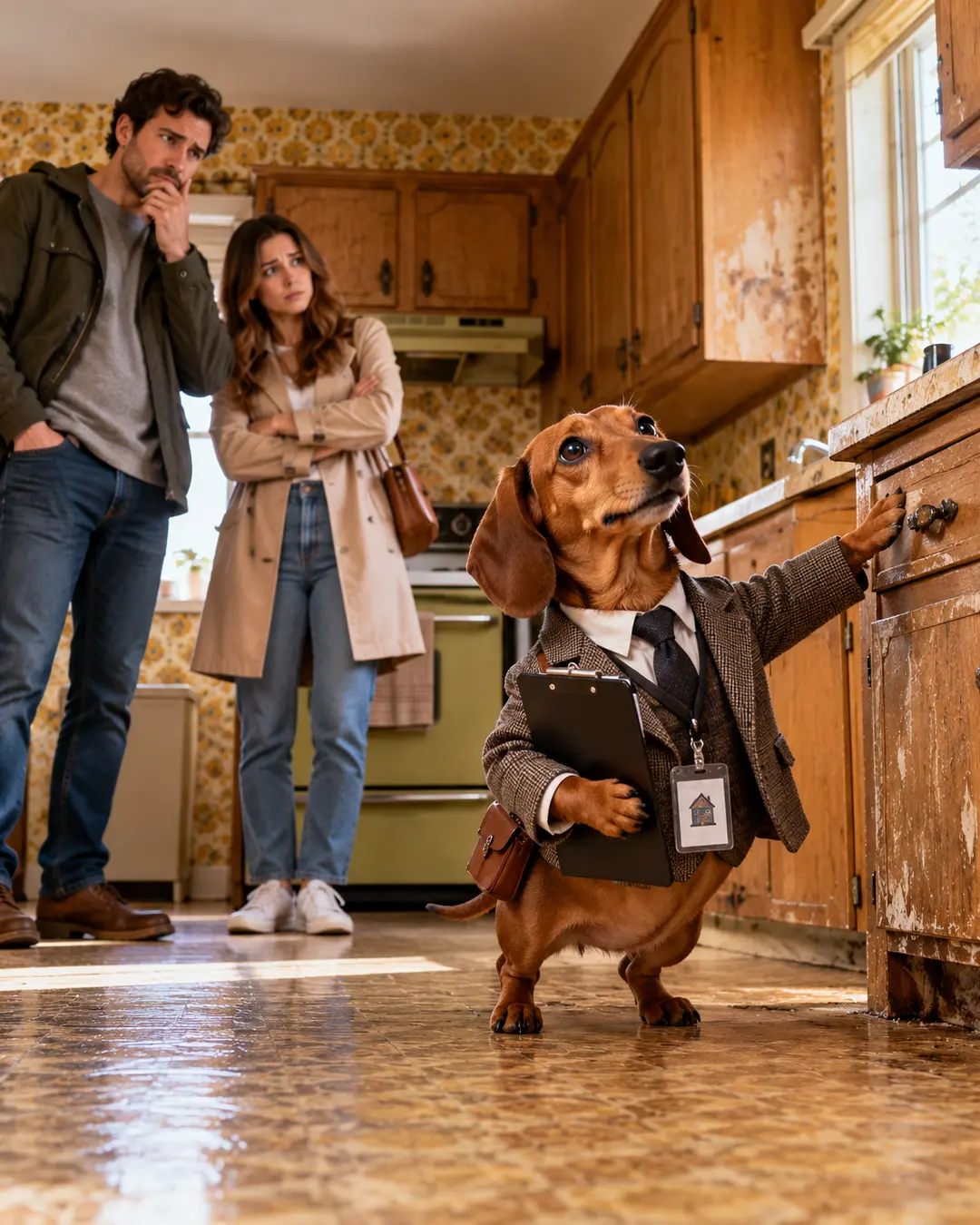 A Dachshund real estate agent in a tweed suit points out worn kitchen cabinets while skeptical buyers inspect a dated home in need of renovation.