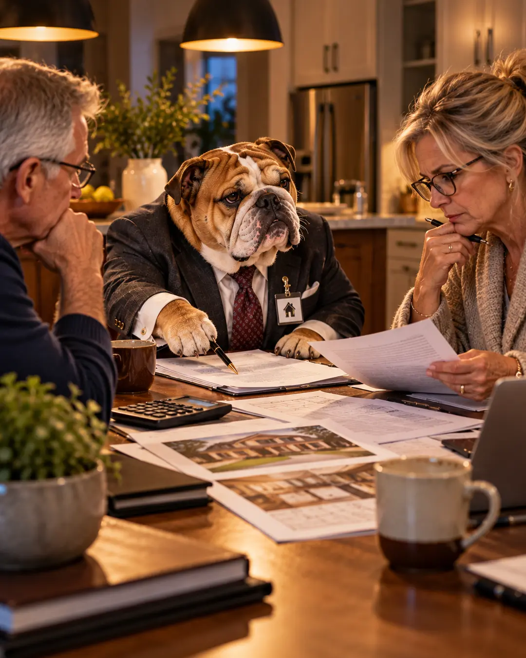 A serious English Bulldog real estate agent reviews contracts and property documents with an older couple during a tense kitchen-table negotiation.
