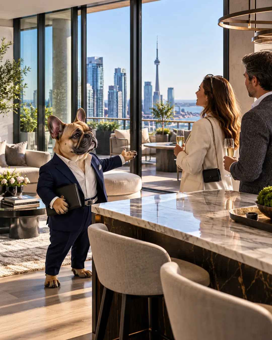 A stylish French Bulldog real estate agent showcases a luxurious Toronto penthouse to prospective buyers, highlighting spectacular CN Tower views.