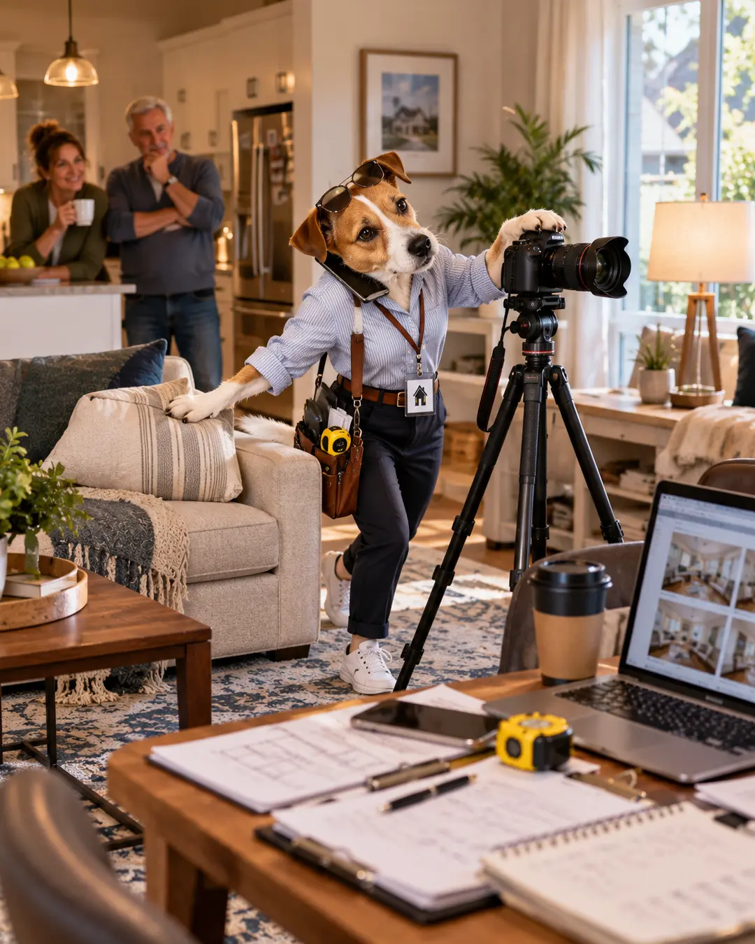 A Jack Russell Terrier real estate photographer adjusts her camera and stages a cozy living room while homeowners watch from the kitchen.