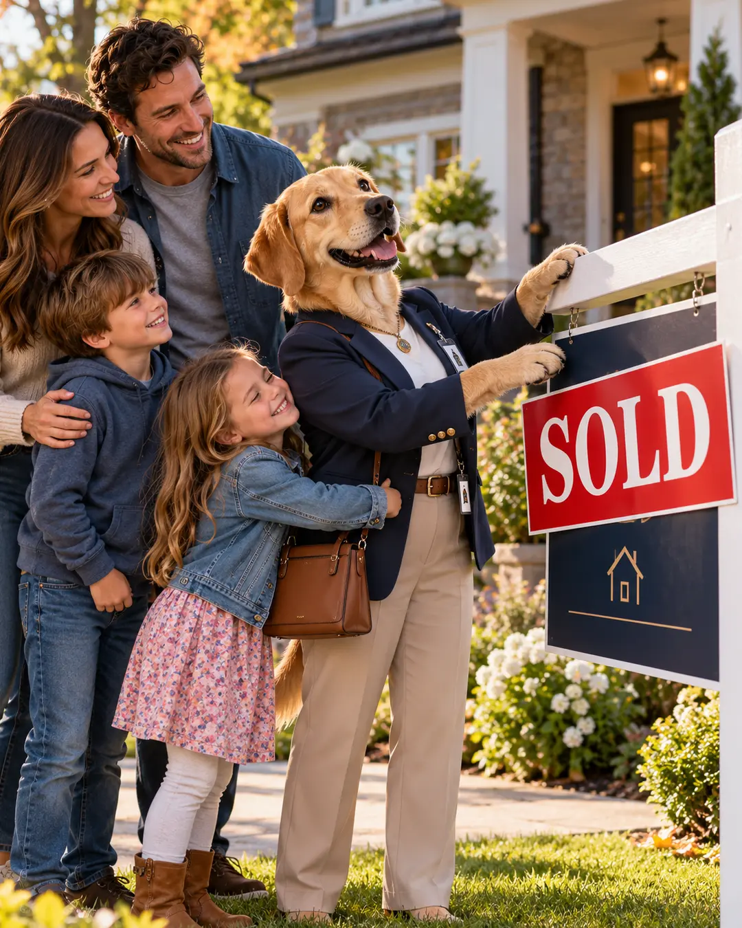 A cheerful female Golden Retriever real estate agent celebrates a home sale, hanging a SOLD sign as a delighted family gathers outside their new house.