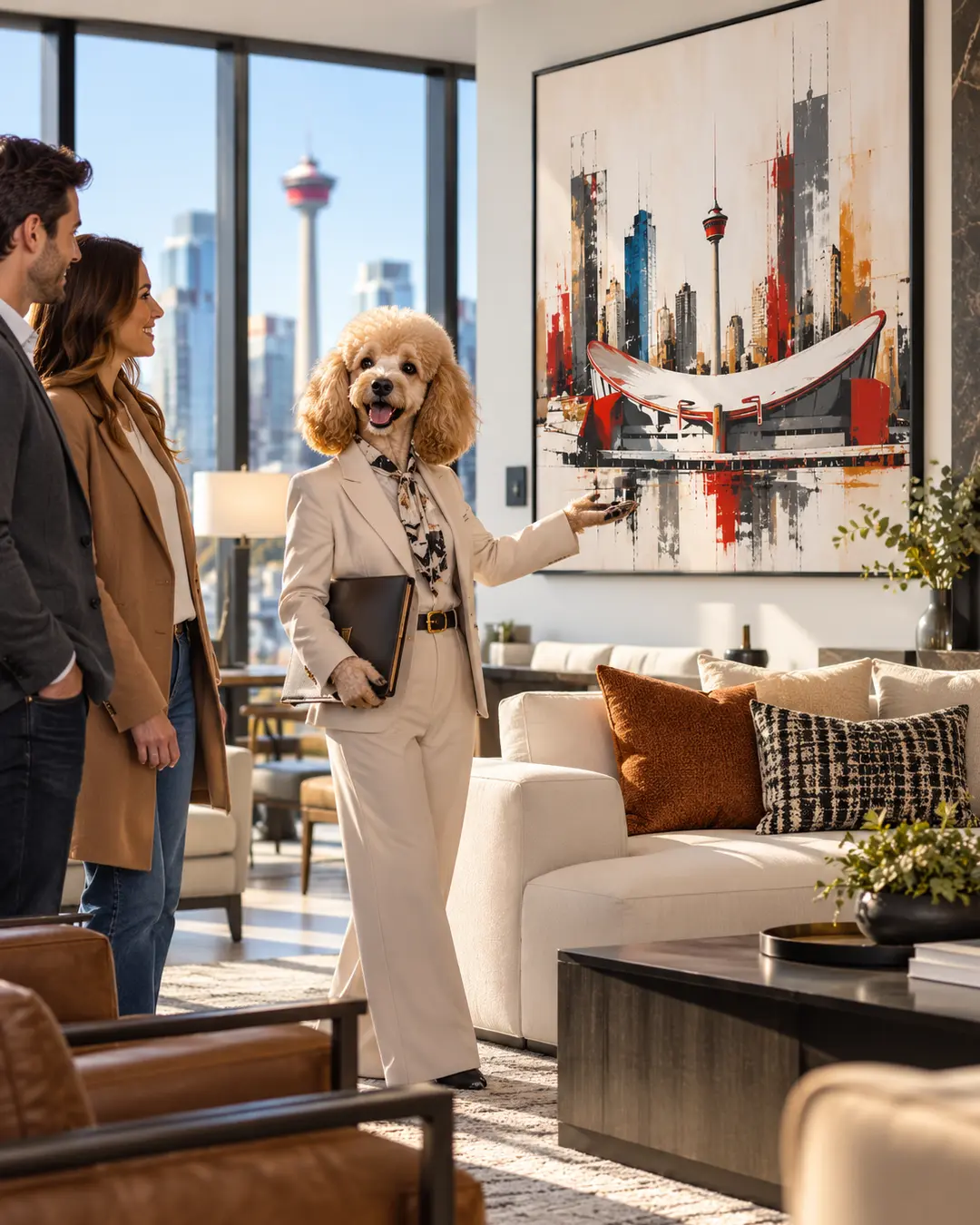 A stylish Poodle real estate agent in a cream suit showcases a luxury Calgary condo to prospective buyers, highlighting artwork and stunning city views. Do you like this personality?