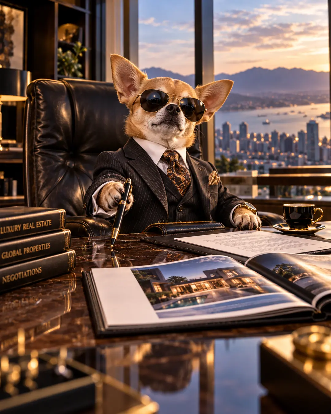 A suave Chihuahua real estate mogul in sunglasses and a tailored suit reviews luxury properties from his penthouse office overlooking the city at sunset.