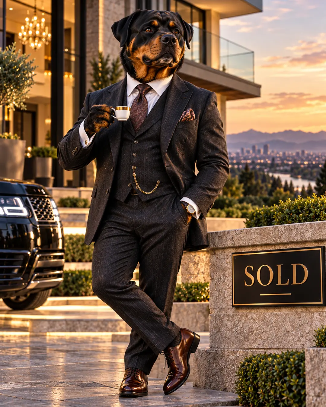 A sharply dressed Rottweiler real estate agent enjoys an espresso outside a luxurious modern mansion, celebrating another multimillion-dollar sale.