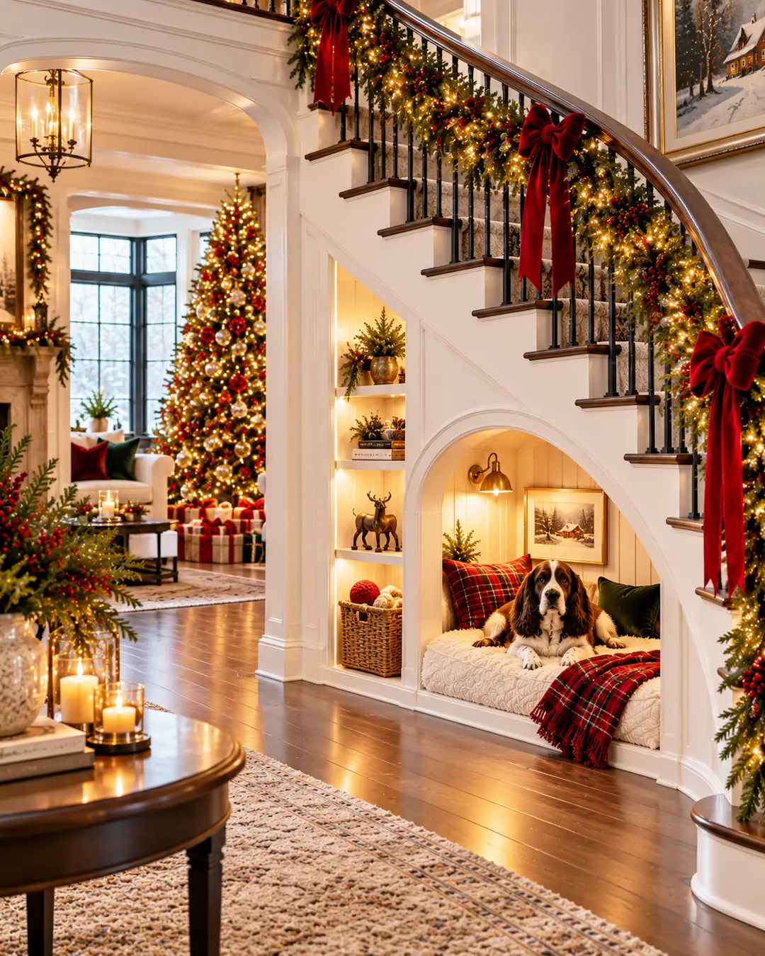 A cozy dog nook beneath a grand staircase, surrounded by glowing Christmas garlands, red bows, festive pillows, and an elegant holiday interior.