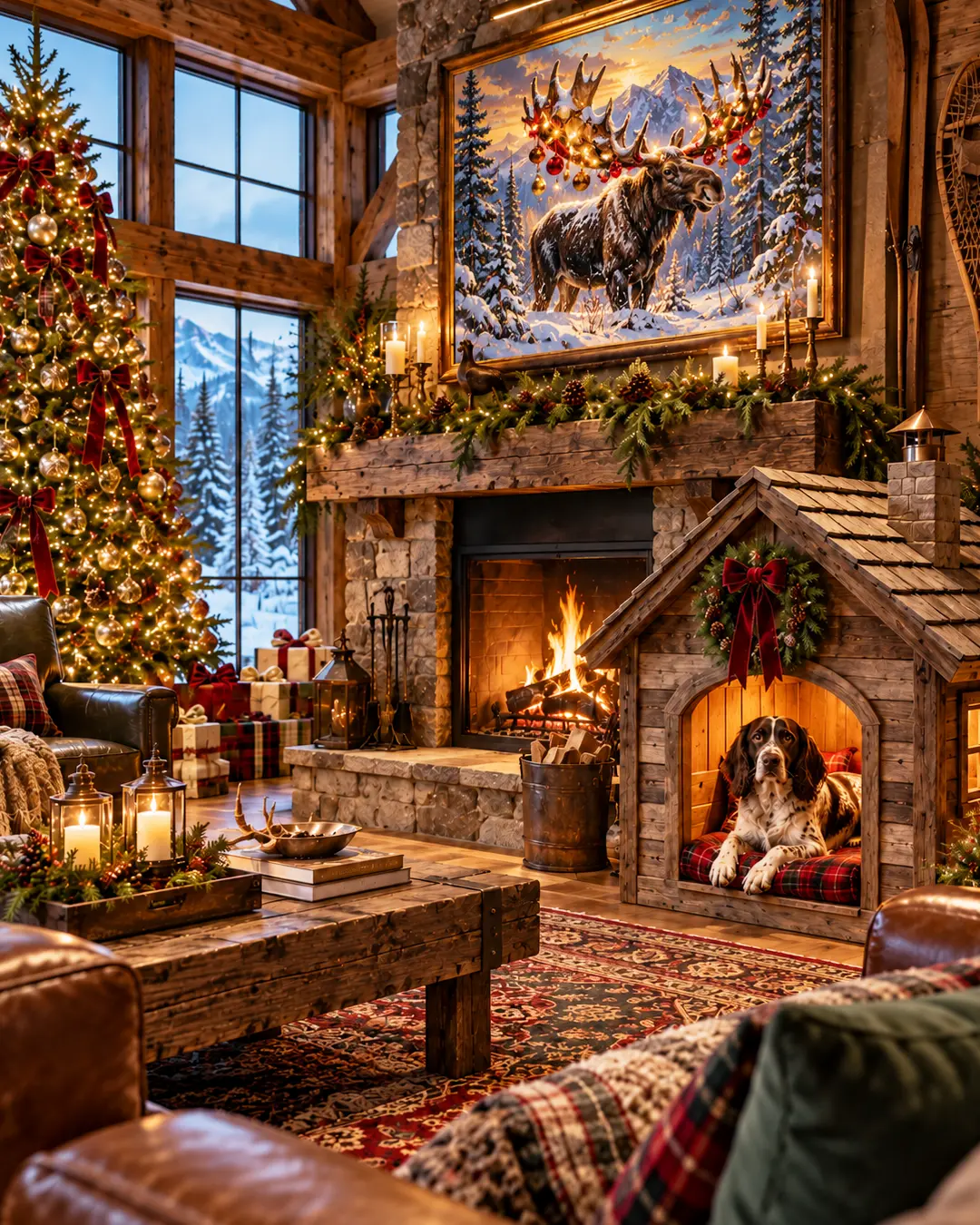 A cozy wooden dog house beside a stone fireplace in a luxurious Christmas cabin, with a glowing tree, festive garlands, and snowy mountain views.