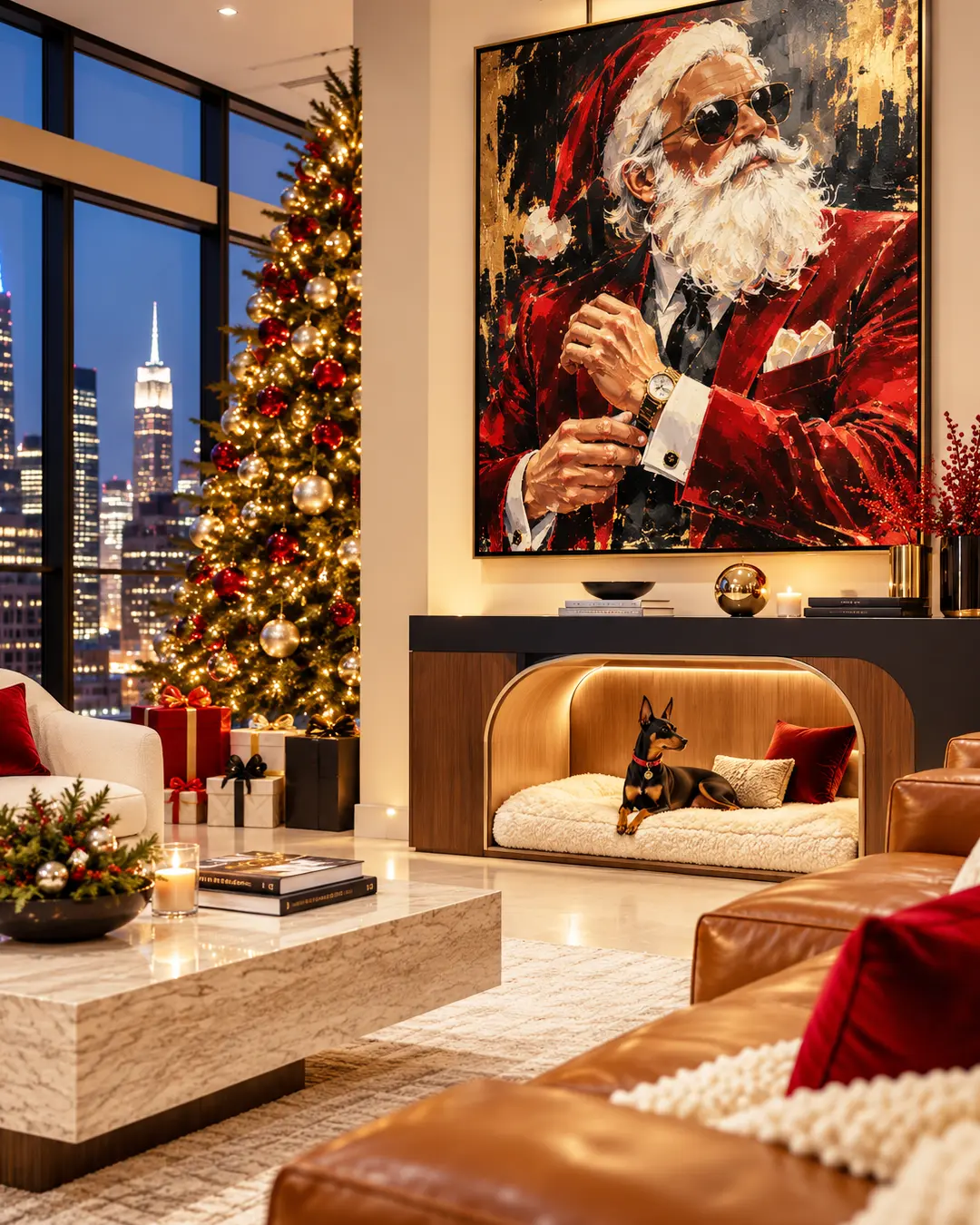 A sleek city penthouse decorated for Christmas, featuring a Doberman in a built-in dog nook beneath bold Santa artwork and a sparkling holiday tree.