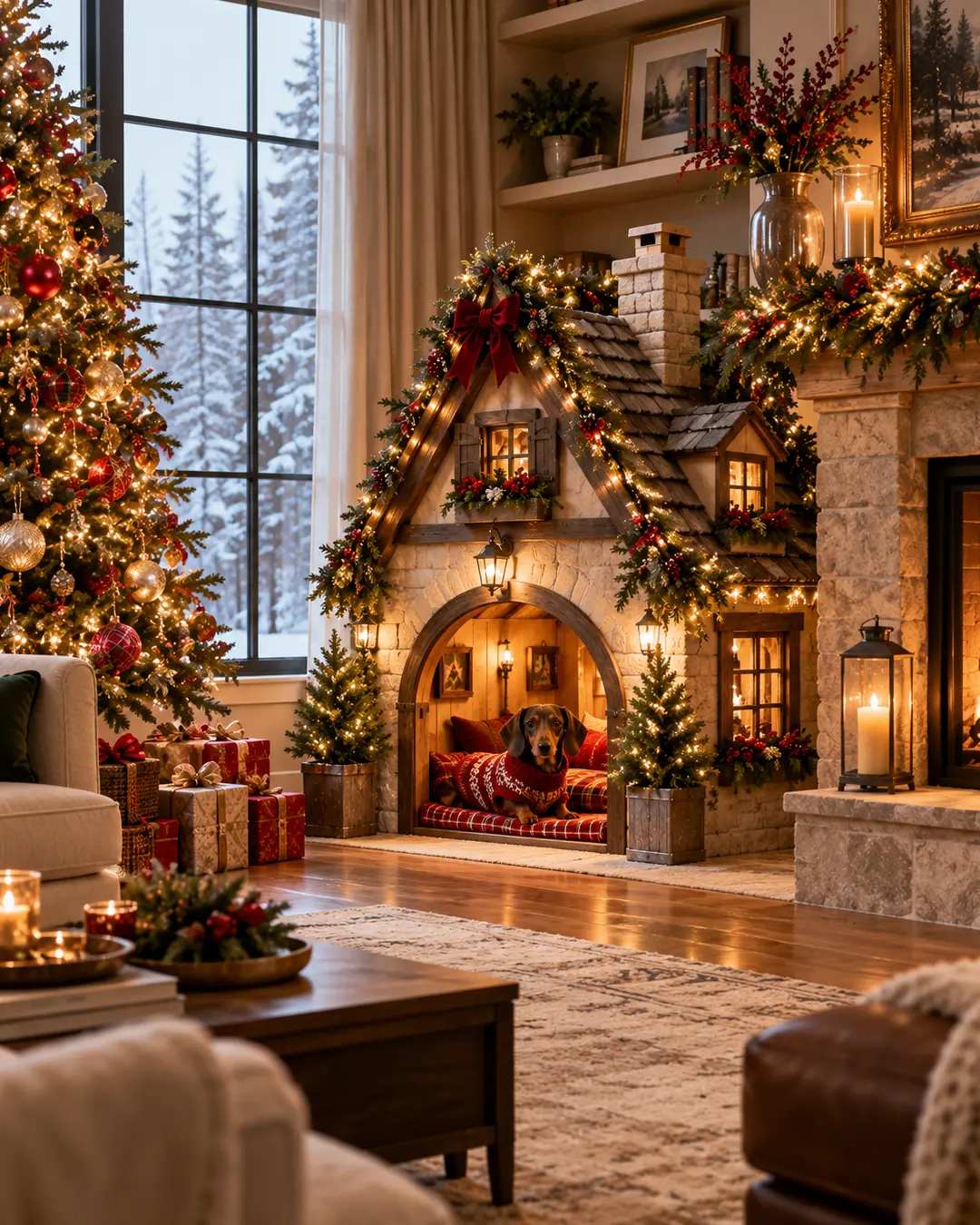 A dachshund in a Christmas sweater relaxes inside an elaborate cottage-style dog house, surrounded by glowing garlands, a festive tree, and snowy views.
