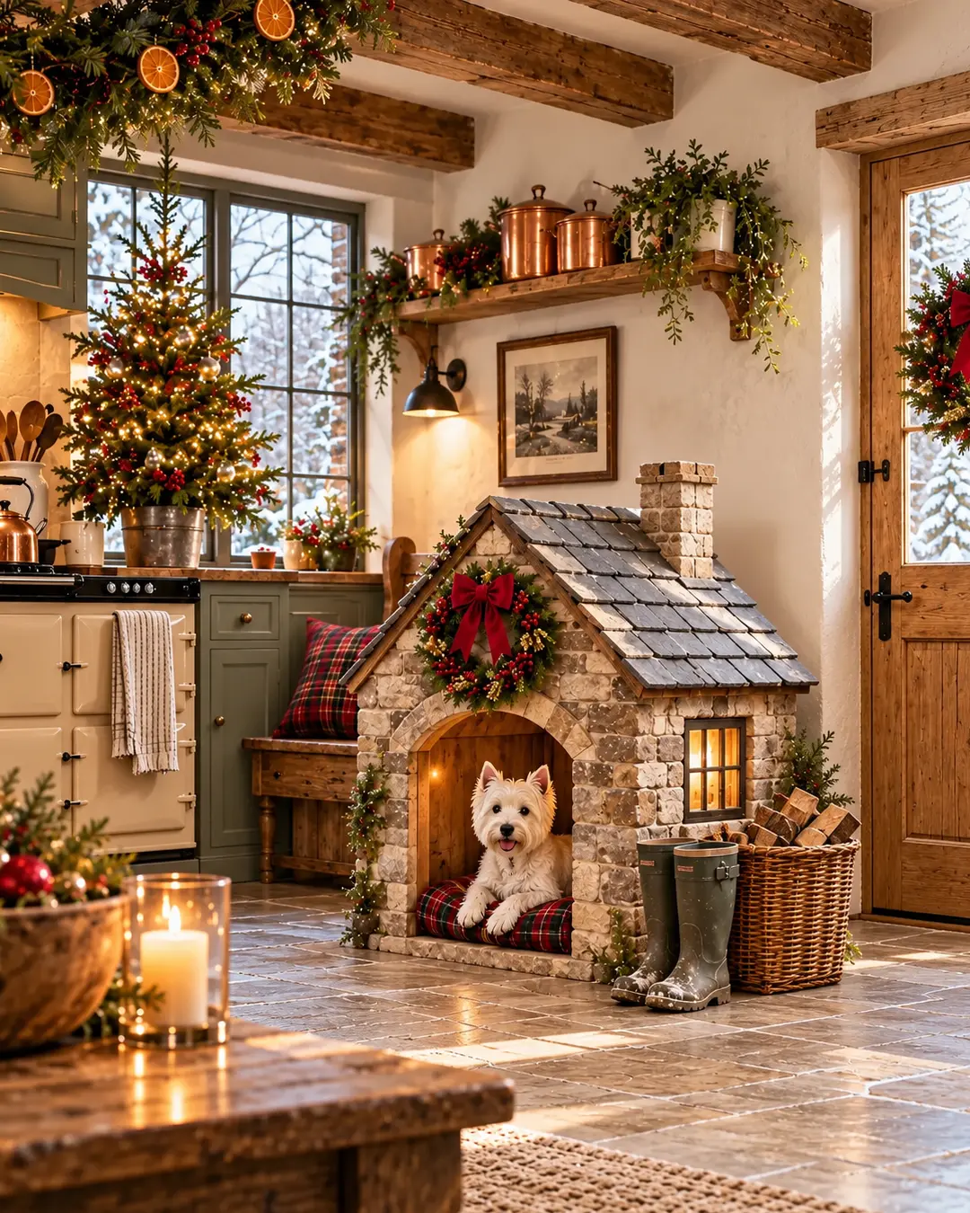 A dachshund in a Christmas sweater relaxes inside an elaborate cottage-style dog house, surrounded by glowing garlands, a festive tree, and snowy views.