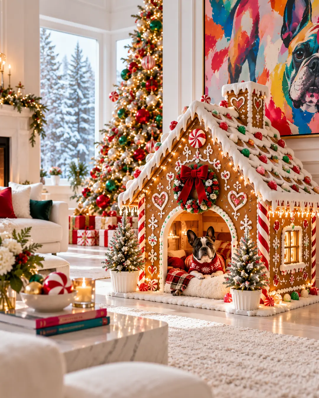 A French Bulldog in a Christmas sweater relaxes inside a giant gingerbread dog house, surrounded by candy decorations, festive lights, and a sparkling tree. Is this conversation helpful so far?