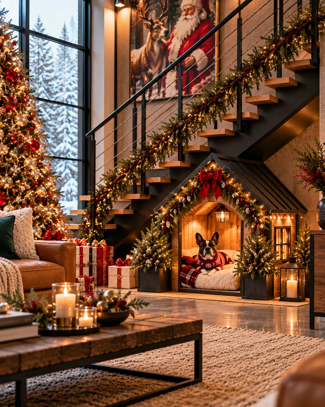 A French Bulldog rests in a festive wooden dog house beneath a modern staircase, surrounded by Christmas garlands, glowing lights, and a decorated tree.