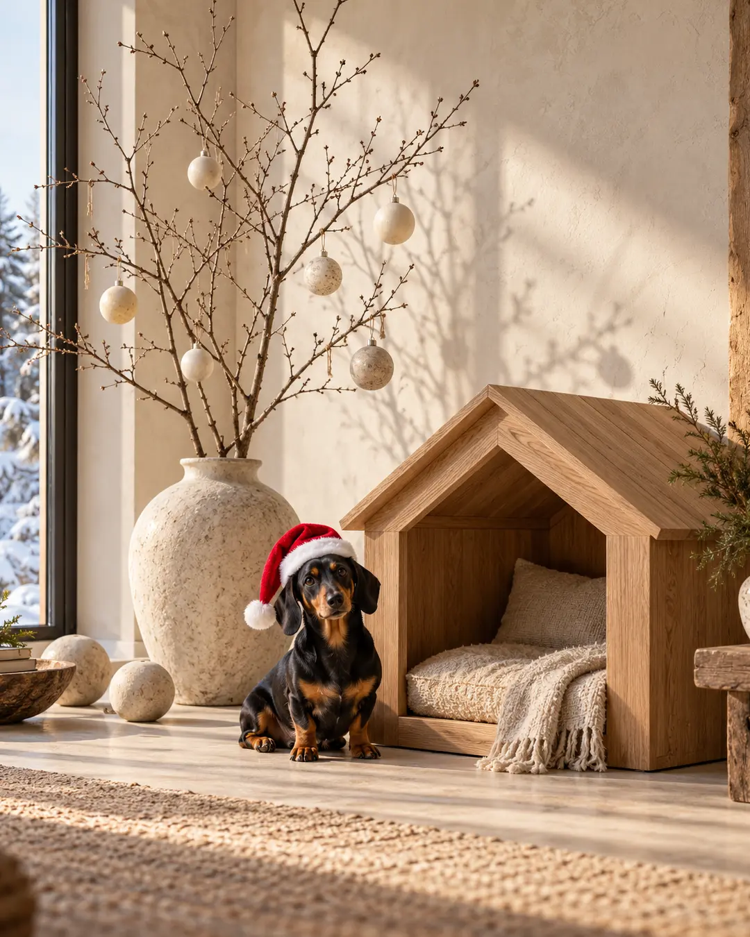 A dachshund wearing a Santa hat sits beside a minimalist wooden dog house in a serene Christmas interior with natural branches and white ornaments.