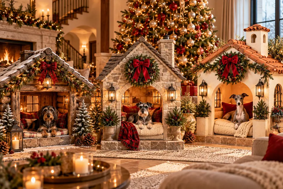 Three dogs relax in beautifully decorated rustic, stone, and Mediterranean-style dog houses, surrounded by Christmas lights, wreaths, and a glowing tree.