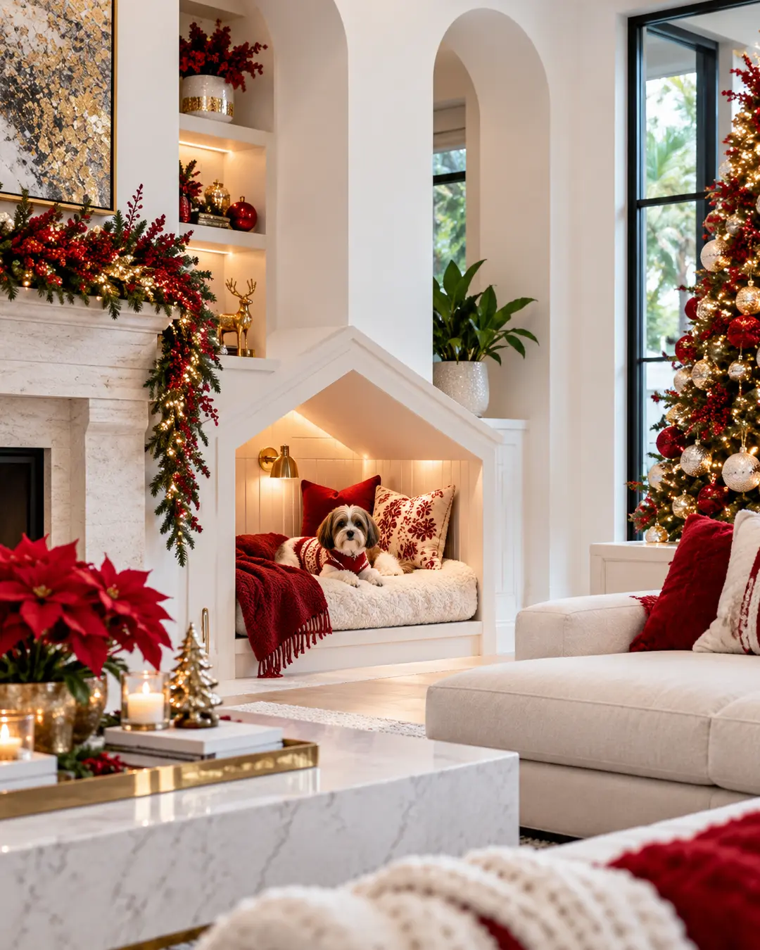 A small dog in a Christmas sweater rests in an elegant built-in nook, surrounded by red and white holiday decor, glowing garlands, and a festive tree.