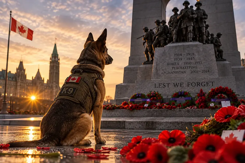 A Canadian military K9 German Shepherd sits solemnly before Ottawa’s National War Memorial at sunset, surrounded by poppies and wreaths of remembrance.