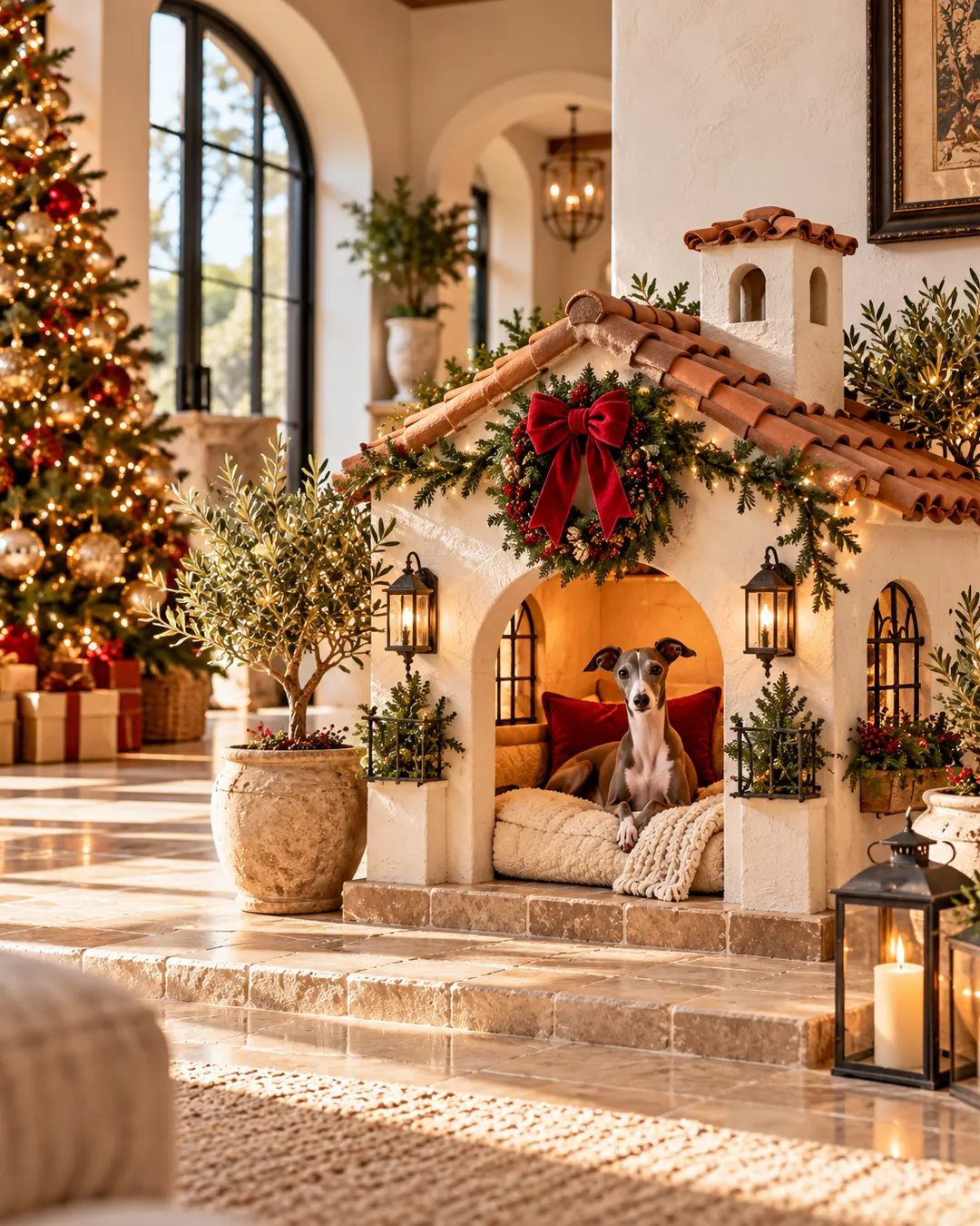 An Italian Greyhound relaxes inside a Mediterranean-style dog house with terracotta roofing, surrounded by Christmas garlands, glowing lanterns, and olive trees.