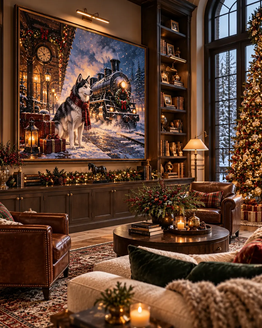 A grand painting of a Husky beside a Christmas steam train dominates a luxurious holiday living room with leather armchairs, rich woodwork and a glowing tree.