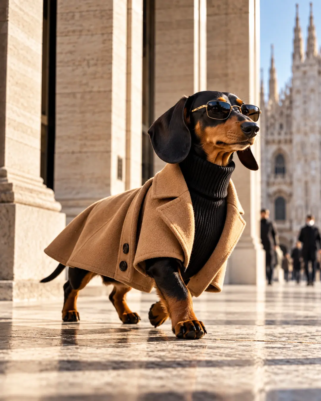 Stylish Dachshund in a camel coat, black turtleneck and sunglasses struts through Milan with effortless runway confidence.