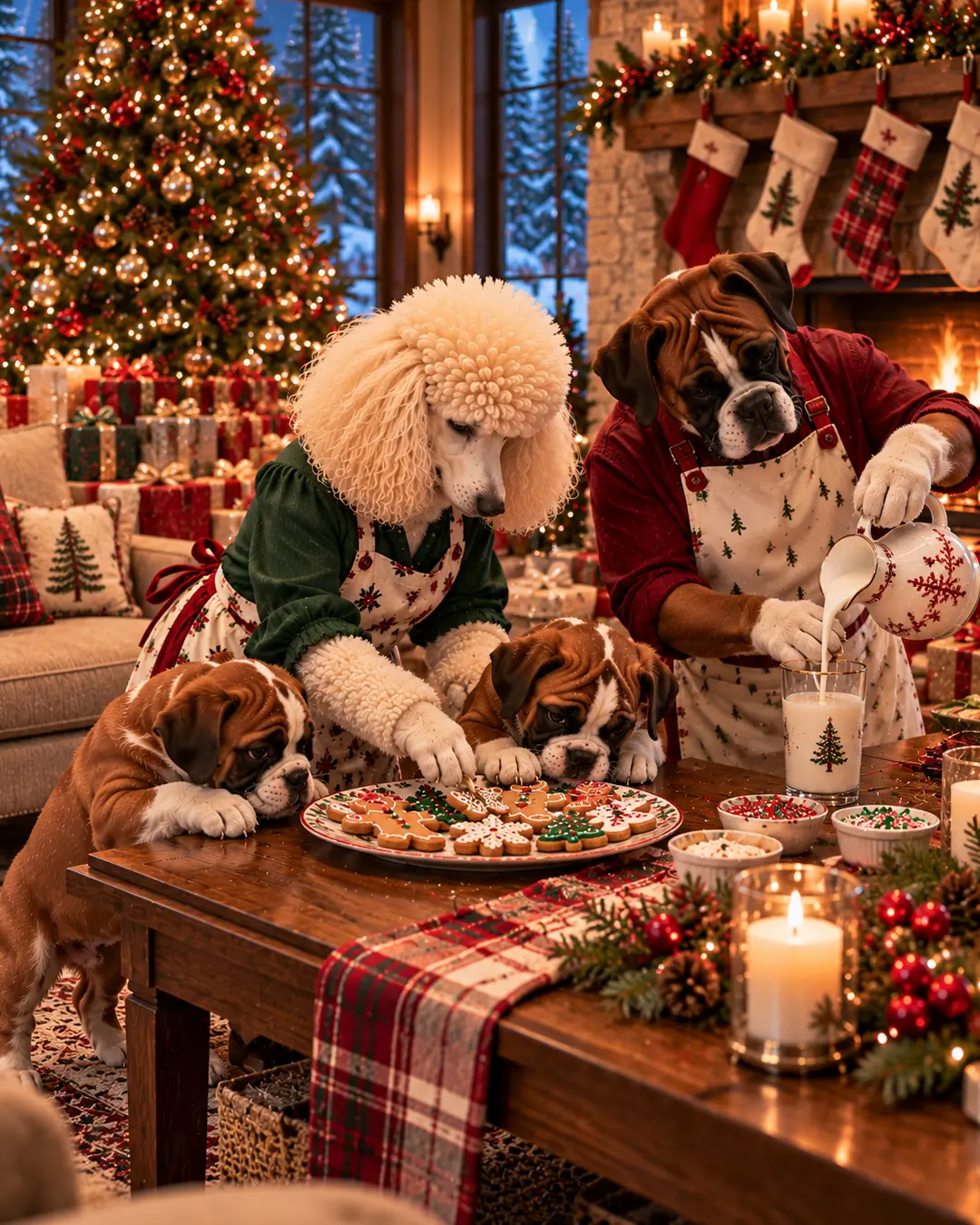 A festive dog family sets out milk and Christmas cookies for Santa, while two mischievous puppies eagerly eye the treats beside the glowing fireplace.