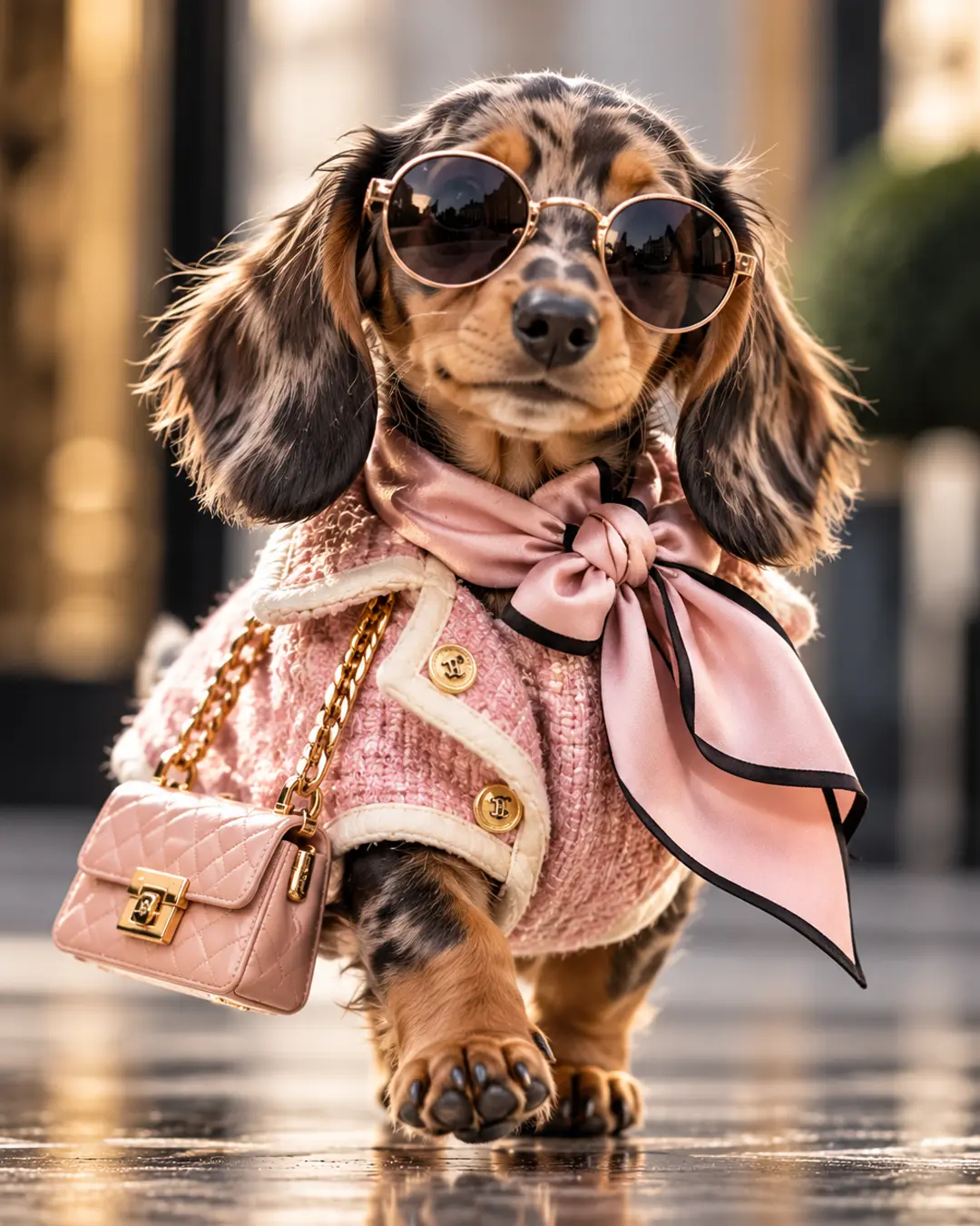 Dapple Dachshund in pink tweed, oversized silk scarf and round sunglasses struts with a matching handbag in full supermodel mode.