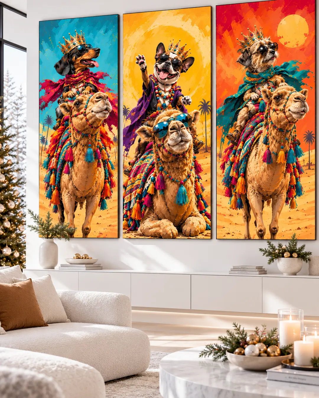 A bright modern Christmas living room features three vibrant paintings of crowned dogs riding camels, elegant white furniture, and festive décor.Do you like this personality?