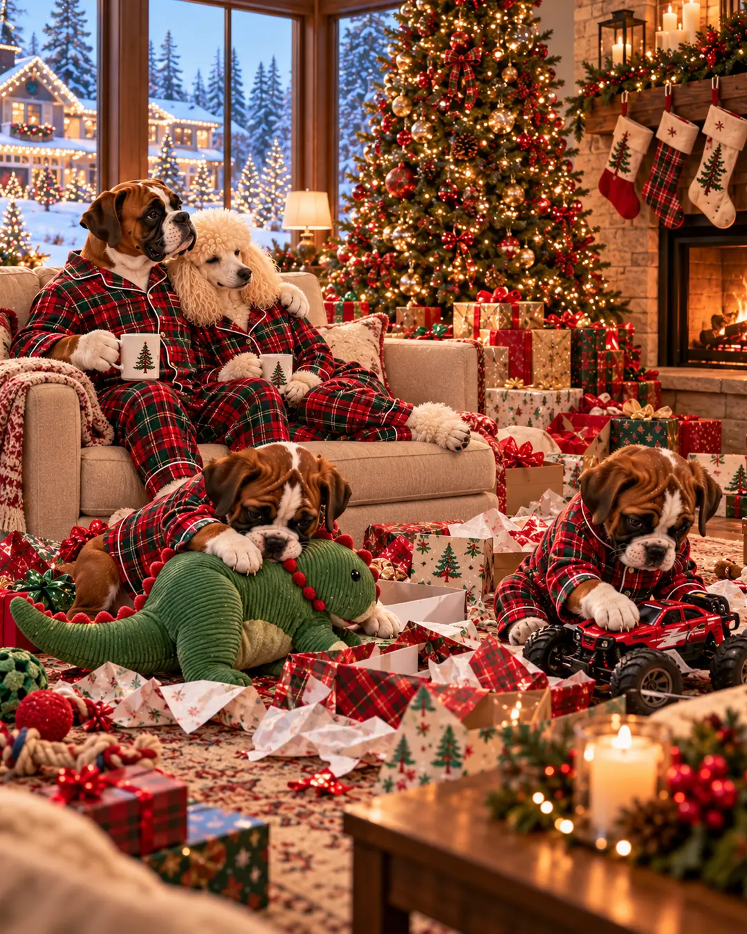 A dog family enjoys Christmas morning in matching plaid pajamas, with two playful puppies exploring new toys amid presents and wrapping paper.
