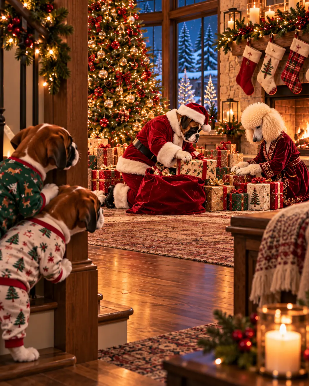 Two curious puppies secretly watch their parents dressed as Santa and Mrs. Claus arranging Christmas presents beneath a beautifully decorated tree.