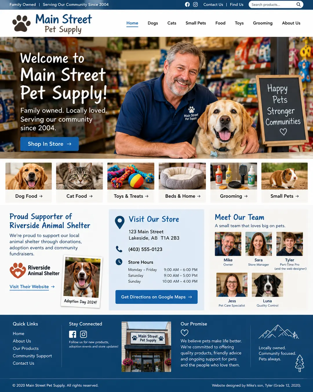 Main Street Pet Supply homepage featuring a friendly store owner, pet products, community shelter support, store information and a welcoming local atmosphere.
