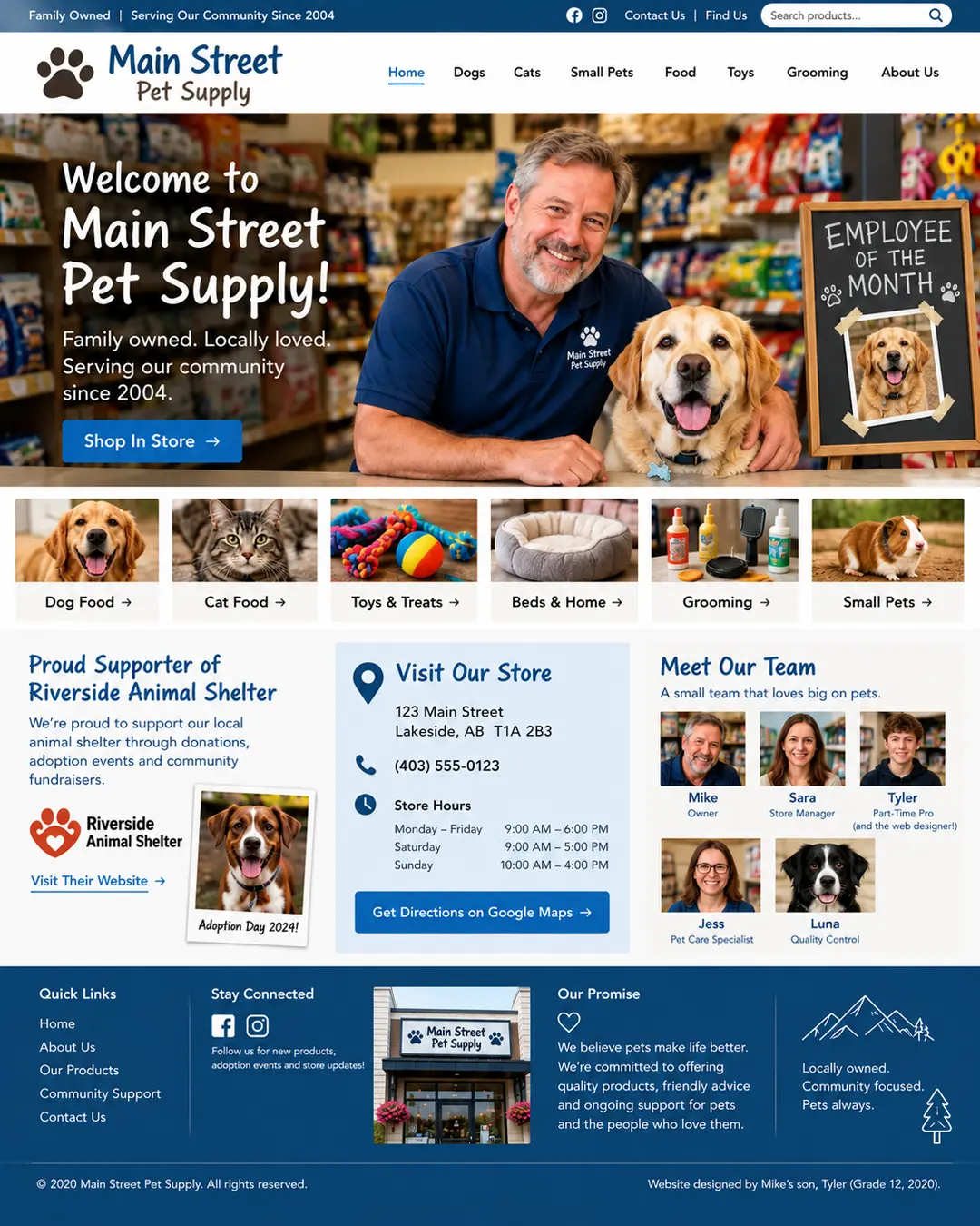 A family-owned pet store website featuring a friendly owner, golden retriever, pet products, community shelter support, store details and staff.