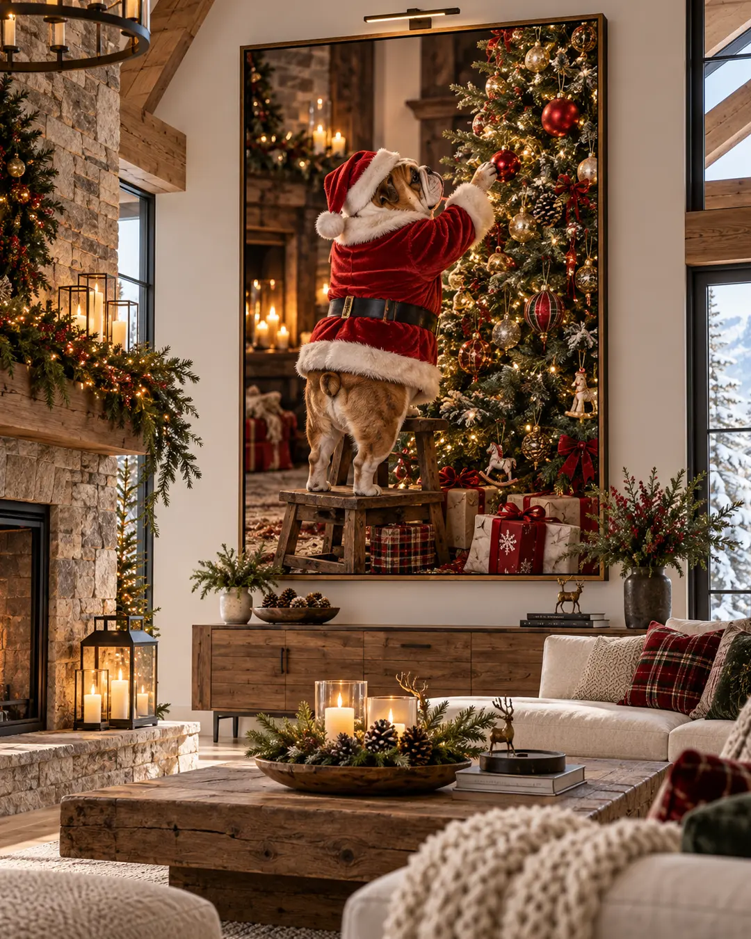 A whimsical painting of a Bulldog dressed as Santa decorating a Christmas tree anchors a luxurious mountain home with rustic wood, stone and festive greenery.