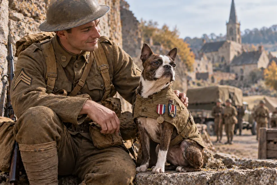 A WWI American soldier shares a quiet moment with a decorated Boston Terrier amid a military encampment in a French village.