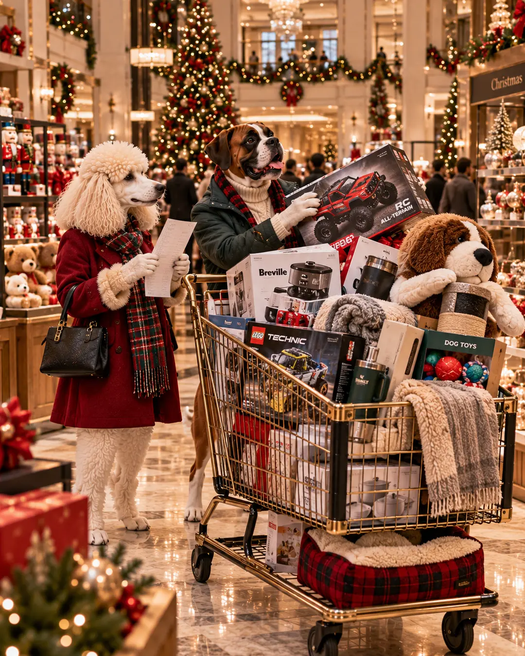 A stylish dog couple Christmas shops in a lavish department store, checking their gift list beside an overflowing cart of toys, gifts and cozy blankets.