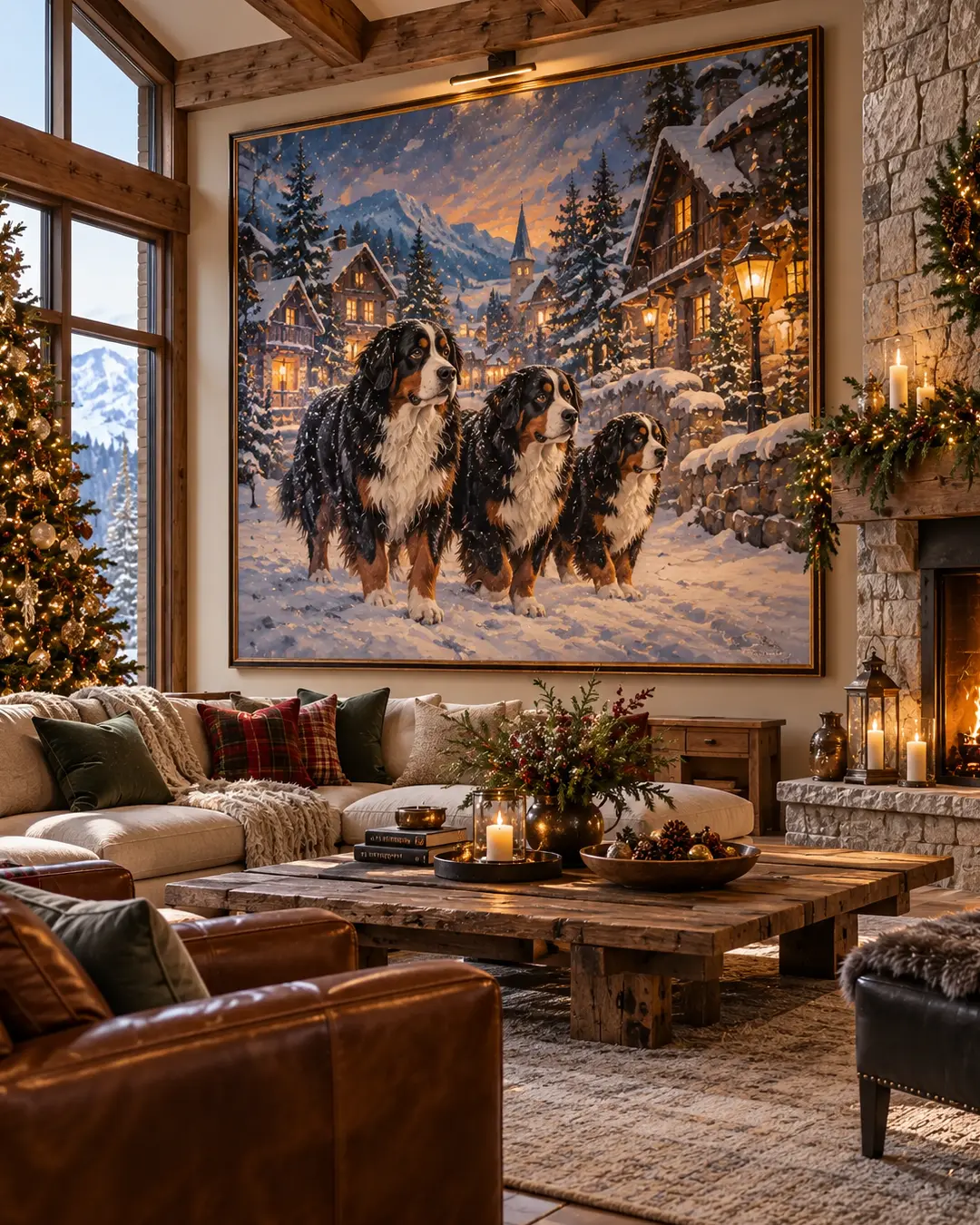 A grand painting of three Bernese Mountain Dogs in a snowy alpine village anchors a luxurious Christmas chalet with rustic beams and a stone fireplace.