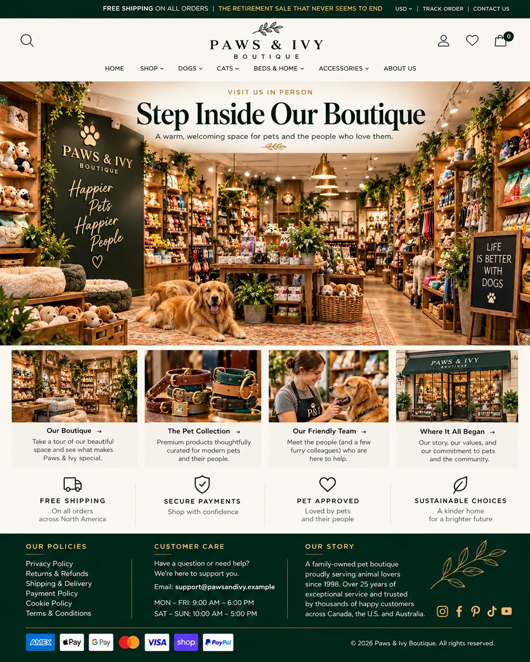 A fictional luxury pet boutique website featuring an elegant store interior, premium pet products, friendly staff, and a welcoming golden retriever.