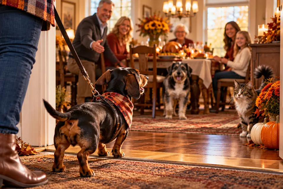 A Dachshund arrives for Thanksgiving dinner, welcomed by a smiling family, another dog, and a curious cat in a warmly decorated home.