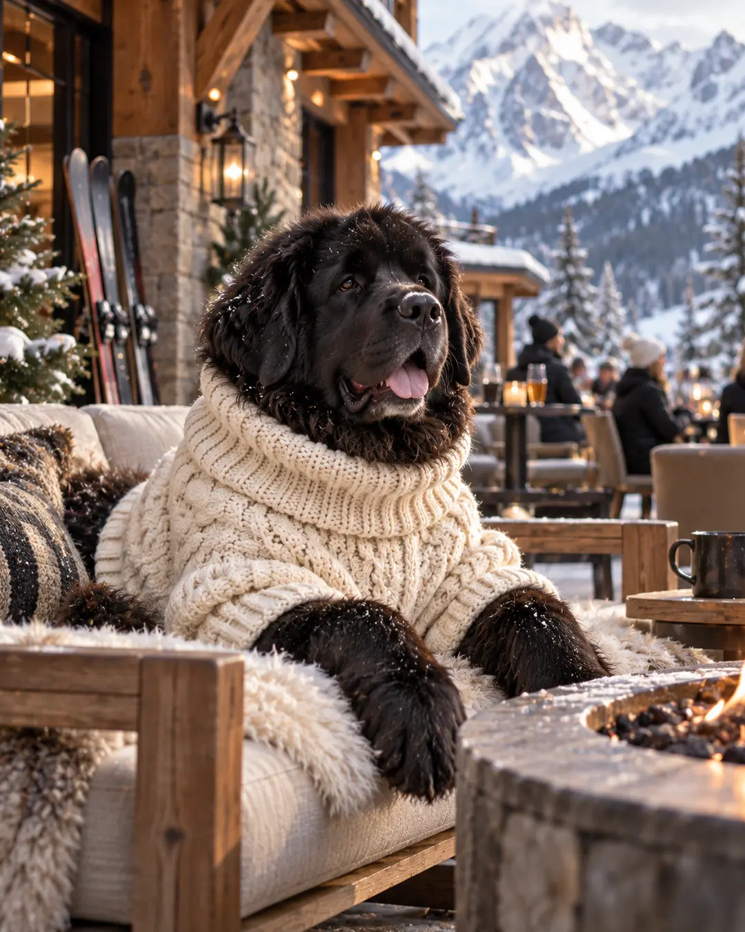 Newfoundland dog in a chunky cream cable-knit sweater lounges beside a fire at a luxurious snowy mountain lodge after a day on the slopes.