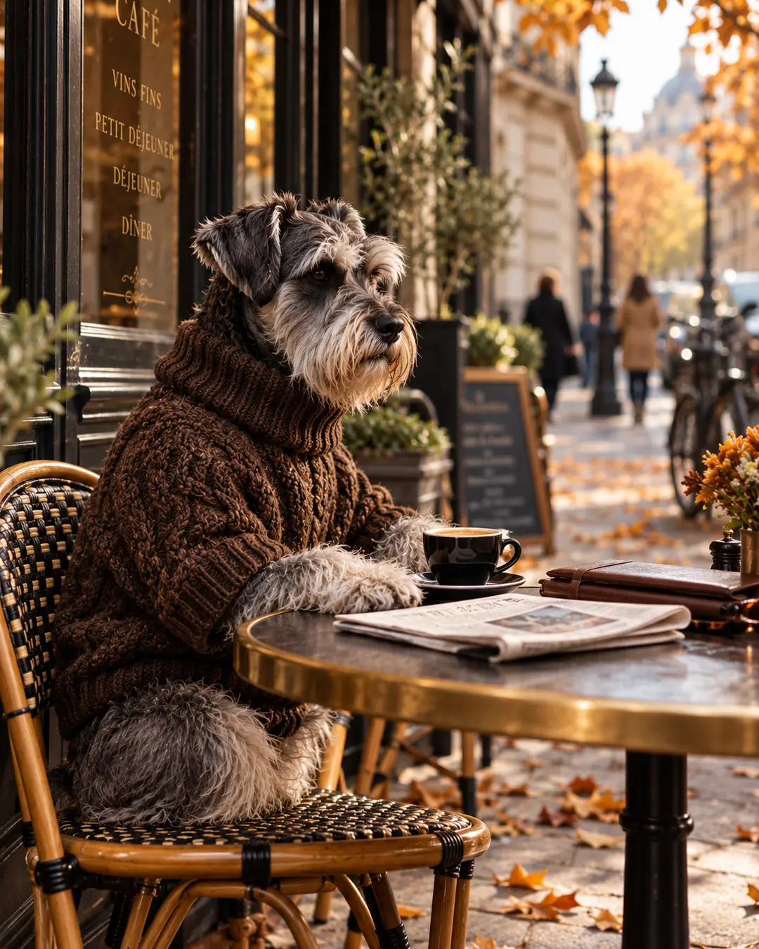 Schnauzer in a rich brown cable-knit sweater enjoys coffee and the morning paper at a charming Paris café surrounded by autumn leaves.