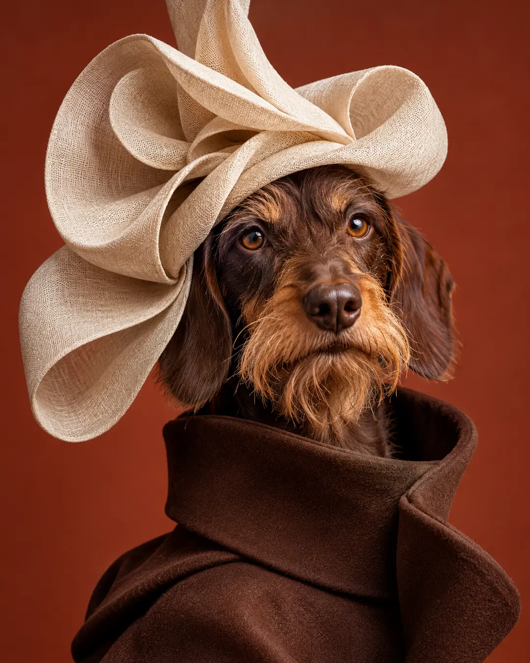 Wire-haired Dachshund poses in a dramatic sculptural cream hat and rich brown couture coat against a warm terracotta studio backdrop.