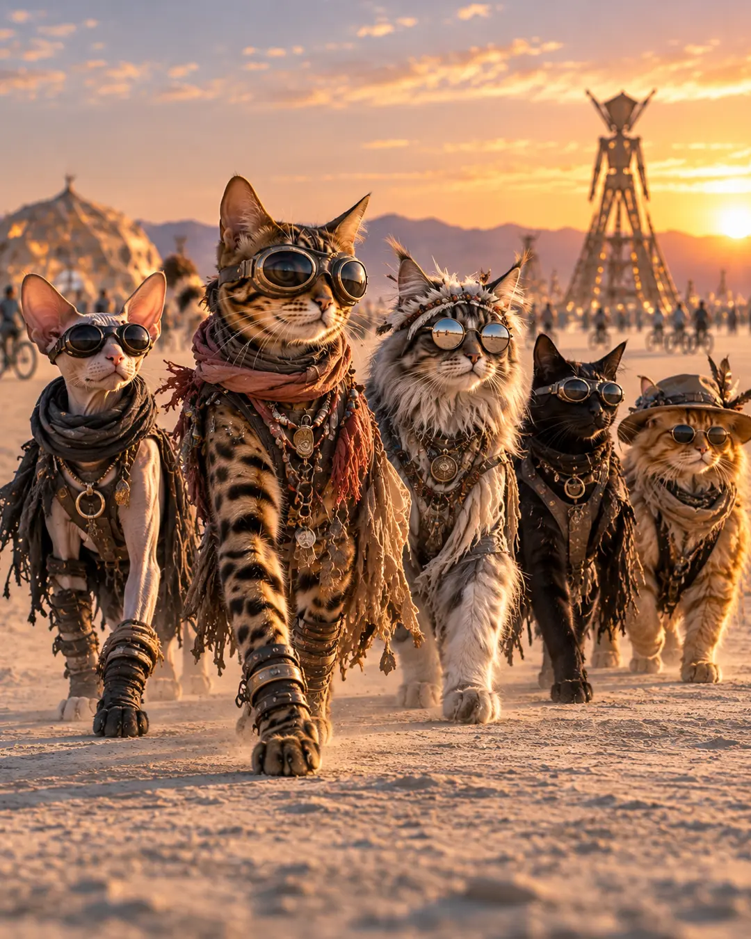 Five fashion-forward cats in elaborate desert couture and goggles stride across a surreal festival landscape at golden sunset.