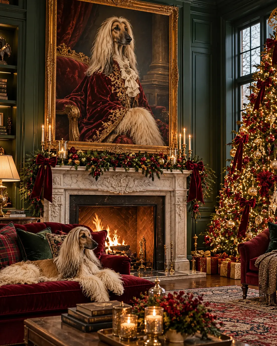 An Afghan Hound lounges beneath its regal portrait in a luxurious Christmas living room with emerald walls, velvet furnishings and a glowing fireplace.