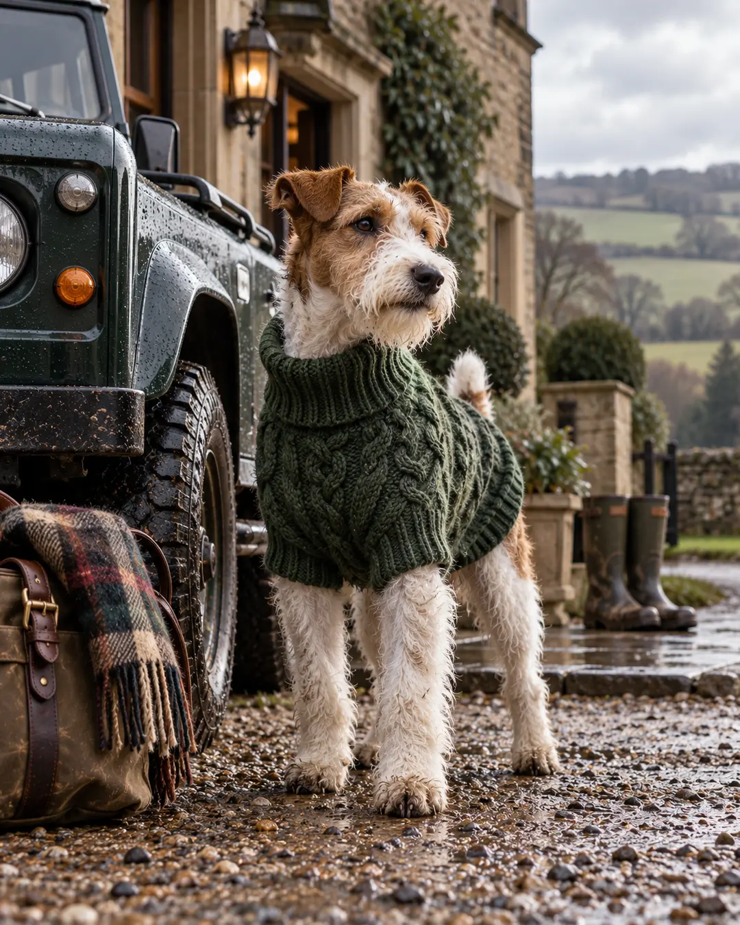 Wire Fox Terrier in a chunky forest-green cable-knit sweater stands beside a muddy Land Rover outside a country estate on a rainy day.