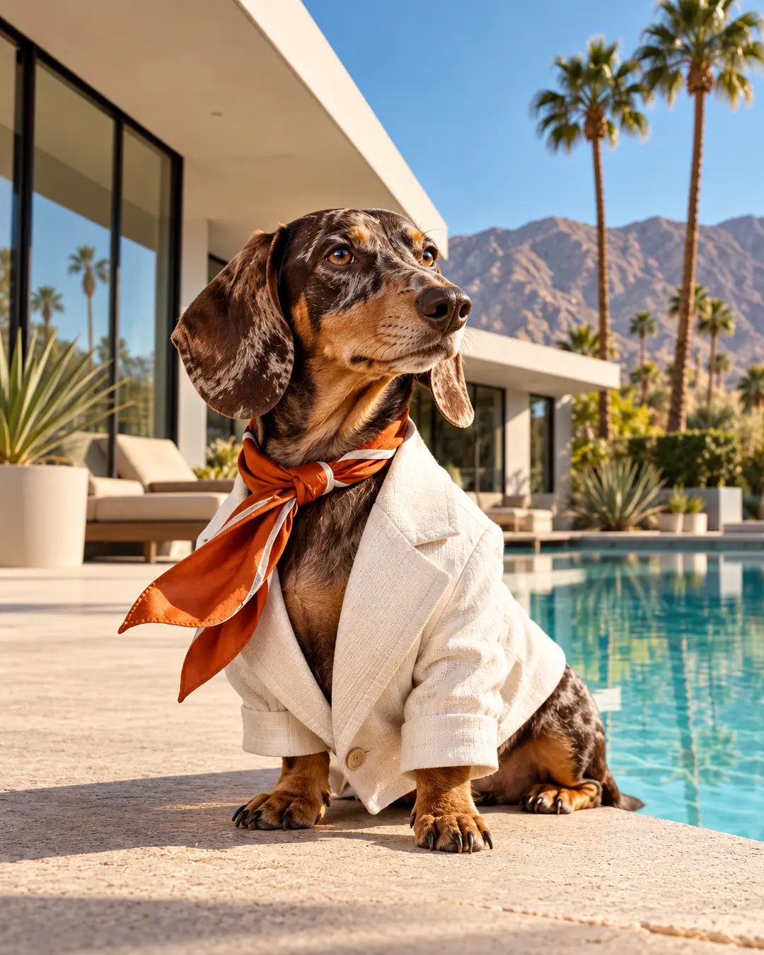 Dapple Dachshund in a crisp white jacket and burnt-orange silk scarf poses poolside at a sleek Palm Springs home beneath towering palms.
