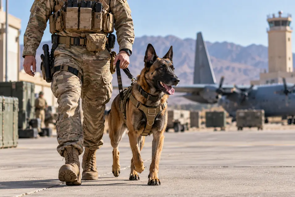 A modern U.S. soldier walks alongside a Belgian Malinois military working dog at an airbase, with transport aircraft and mountains in the background.