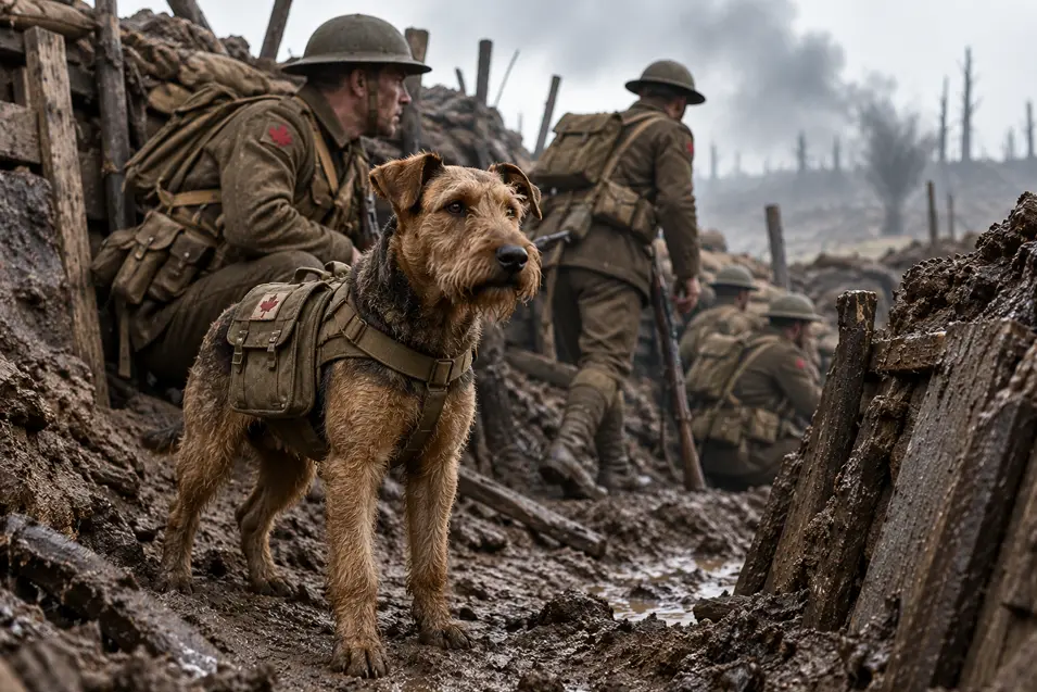 An Airedale Terrier messenger dog stands in a muddy First World War trench alongside Canadian soldiers amid the devastation of Vimy Ridge.Is this conversation helpful so far?